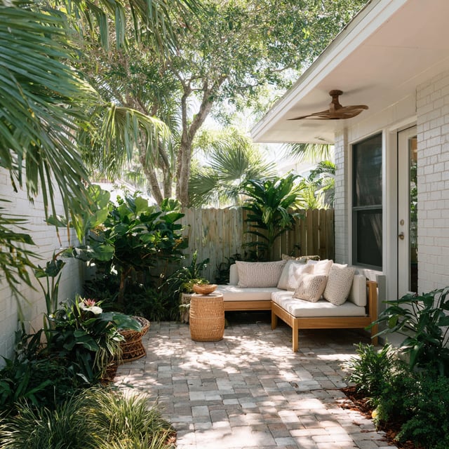 Paved patio with a wood sectional, palms, and a fan.