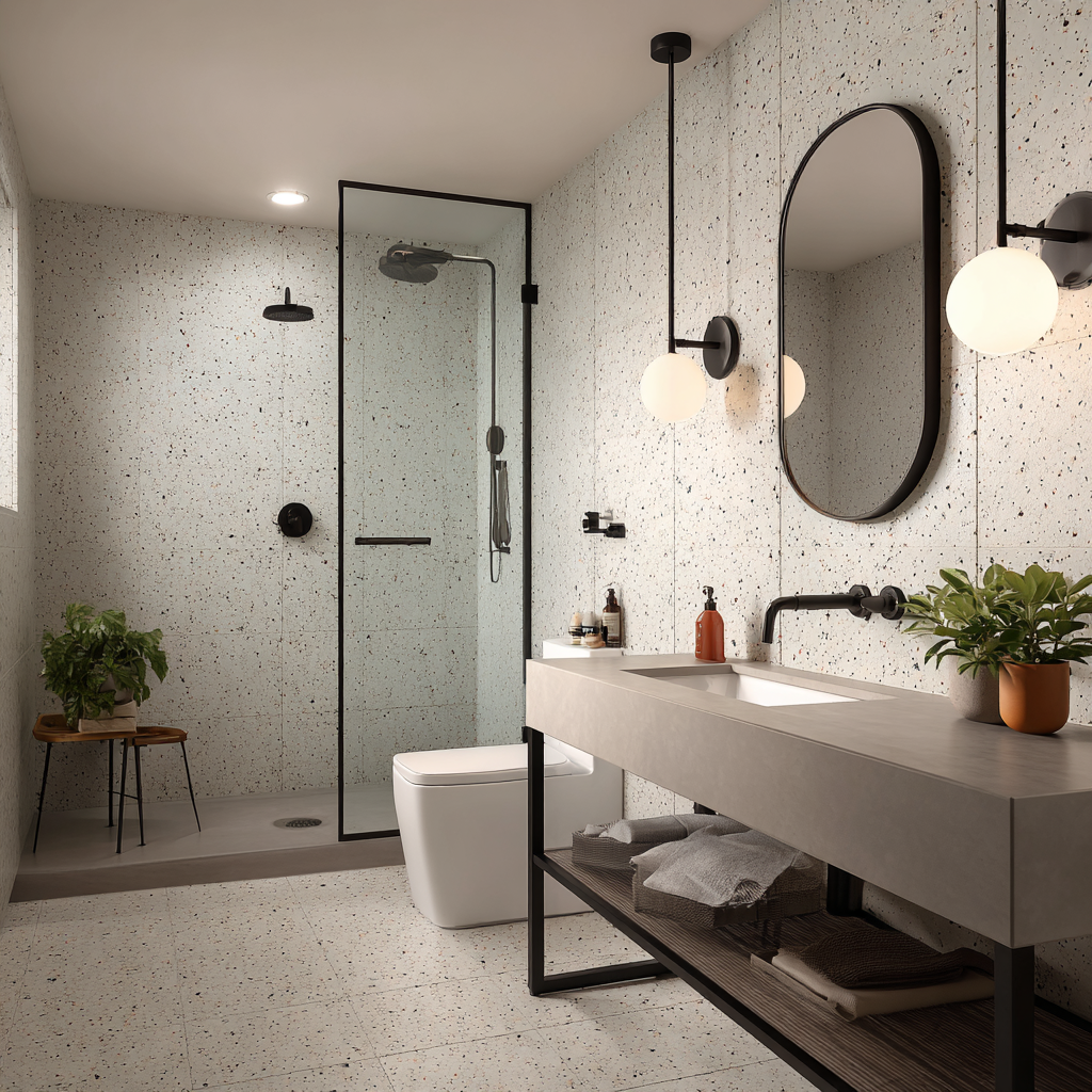 A modern bathroom with terrazzo walls and floors, a glass-enclosed shower with black fixtures, a floating vanity with an oval mirror, and minimalist lighting accents.