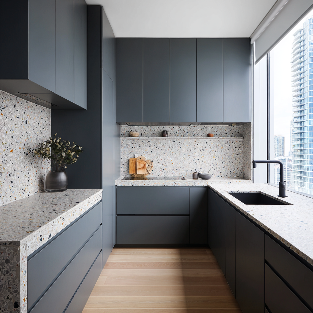 Terrazzo Backsplash Gray Cabinets