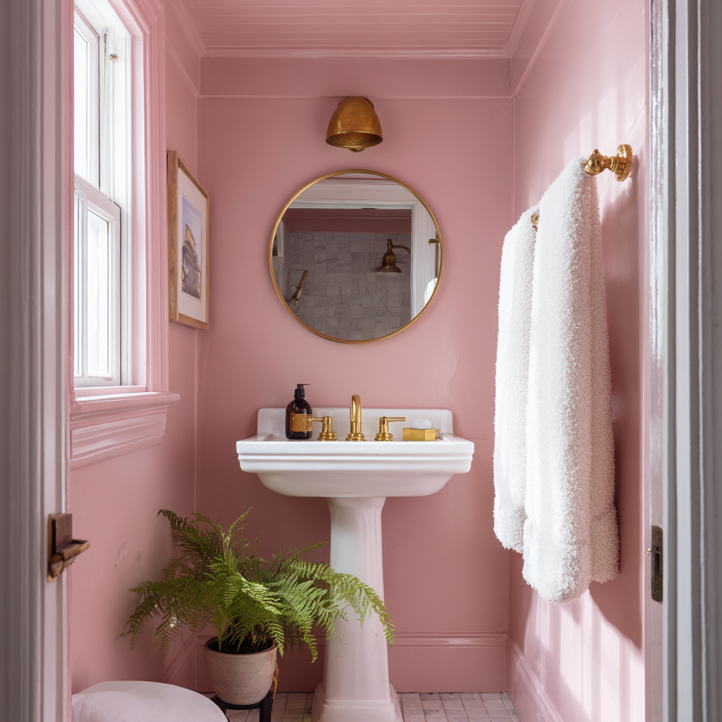Tiny bathroom with pink ceiling wall