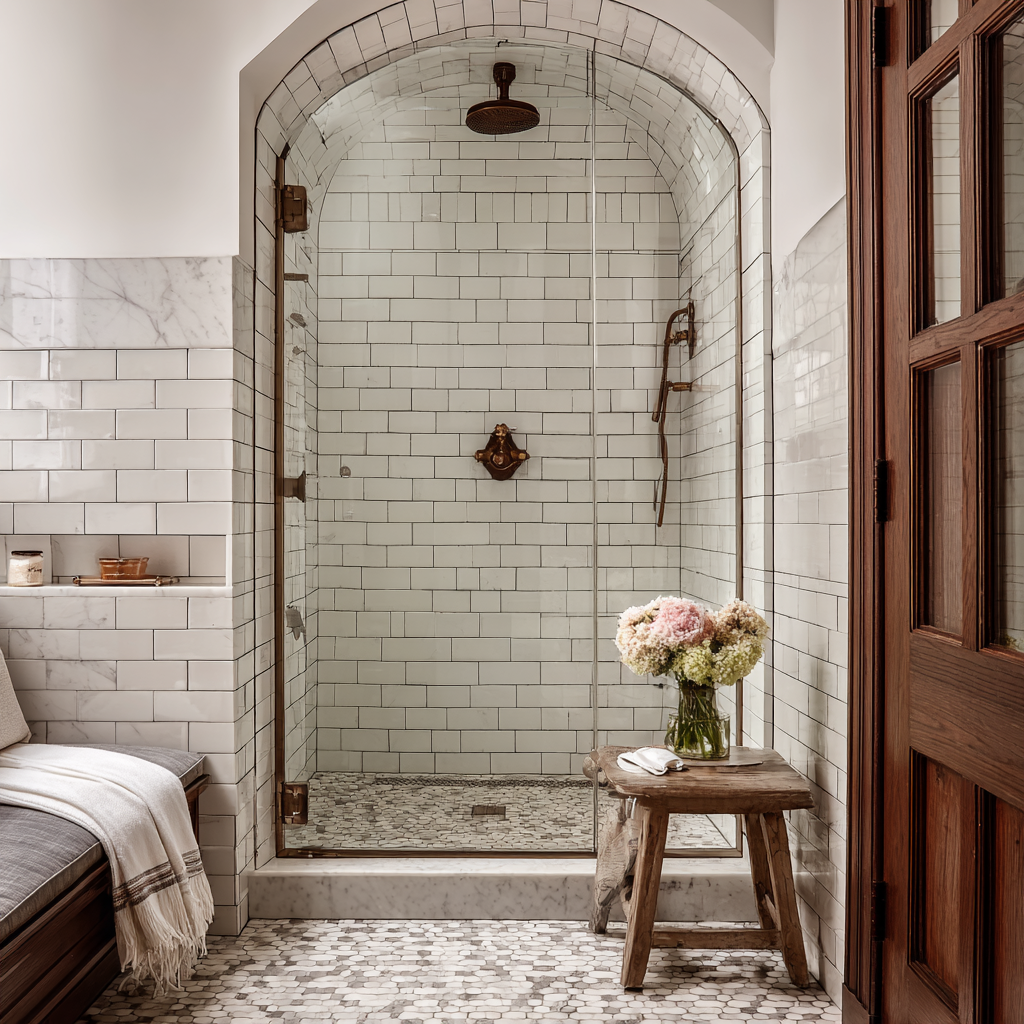 A traditional arched walk-in shower with white subway tile walls, vintage brass fixtures, a pebble mosaic floor, and a glass door set within a classic, light-filled bathroom.