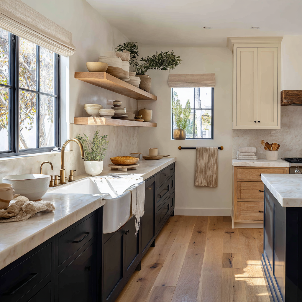 Image: A ranch kitchen shot from behind the island toward the range wall, with a long uninterrupted countertop run in a warm, heavily veined stone, dark lower cabinets, a white farmhouse sink, an unlacquered brass bridge faucet, and warm walls.
