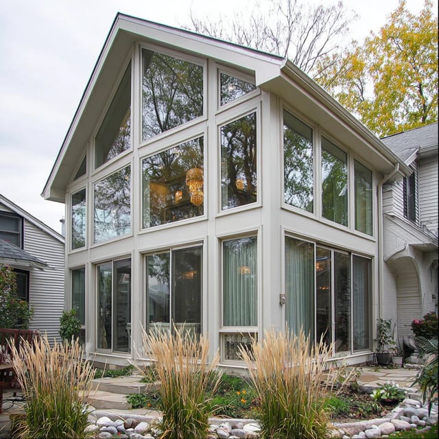 A two-story sunroom addition with large windows and a white exterior, surrounded by tall ornamental grasses.