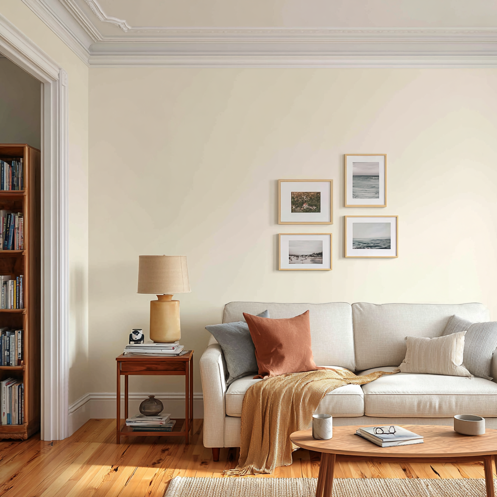 Creamy walls and white trim frame a cozy, neutral living room.