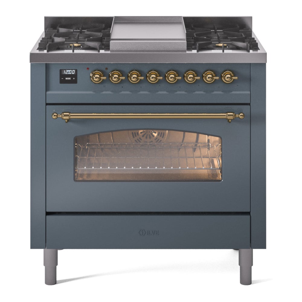 Navy blue ILVE Nostalgie gas range with gold brass hardware.
