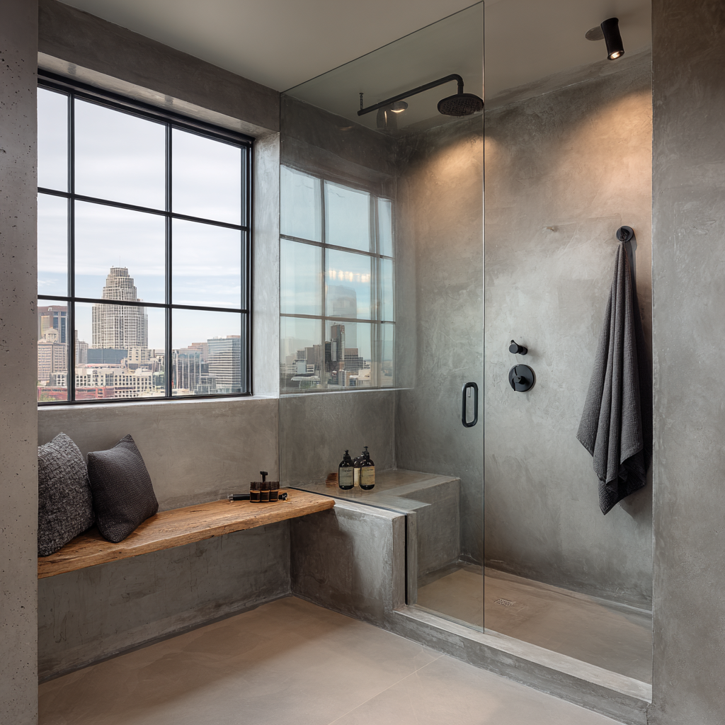 An urban minimalist bathroom with a glass-enclosed concrete shower, matte black fixtures, a built-in concrete bench with wooden seating, and a large window overlooking a city skyline.
