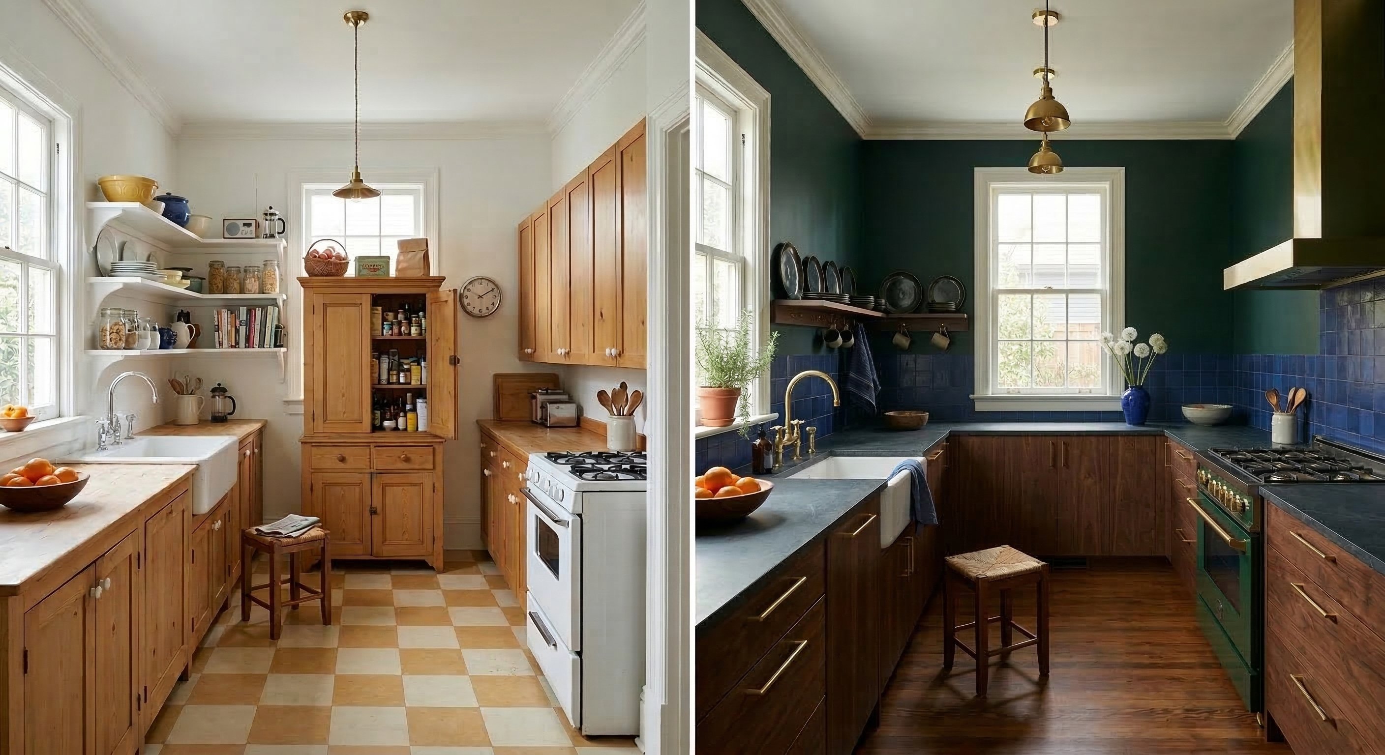 Galley kitchen with pine cabinets becoming a dark green kitchen with brass pendants.