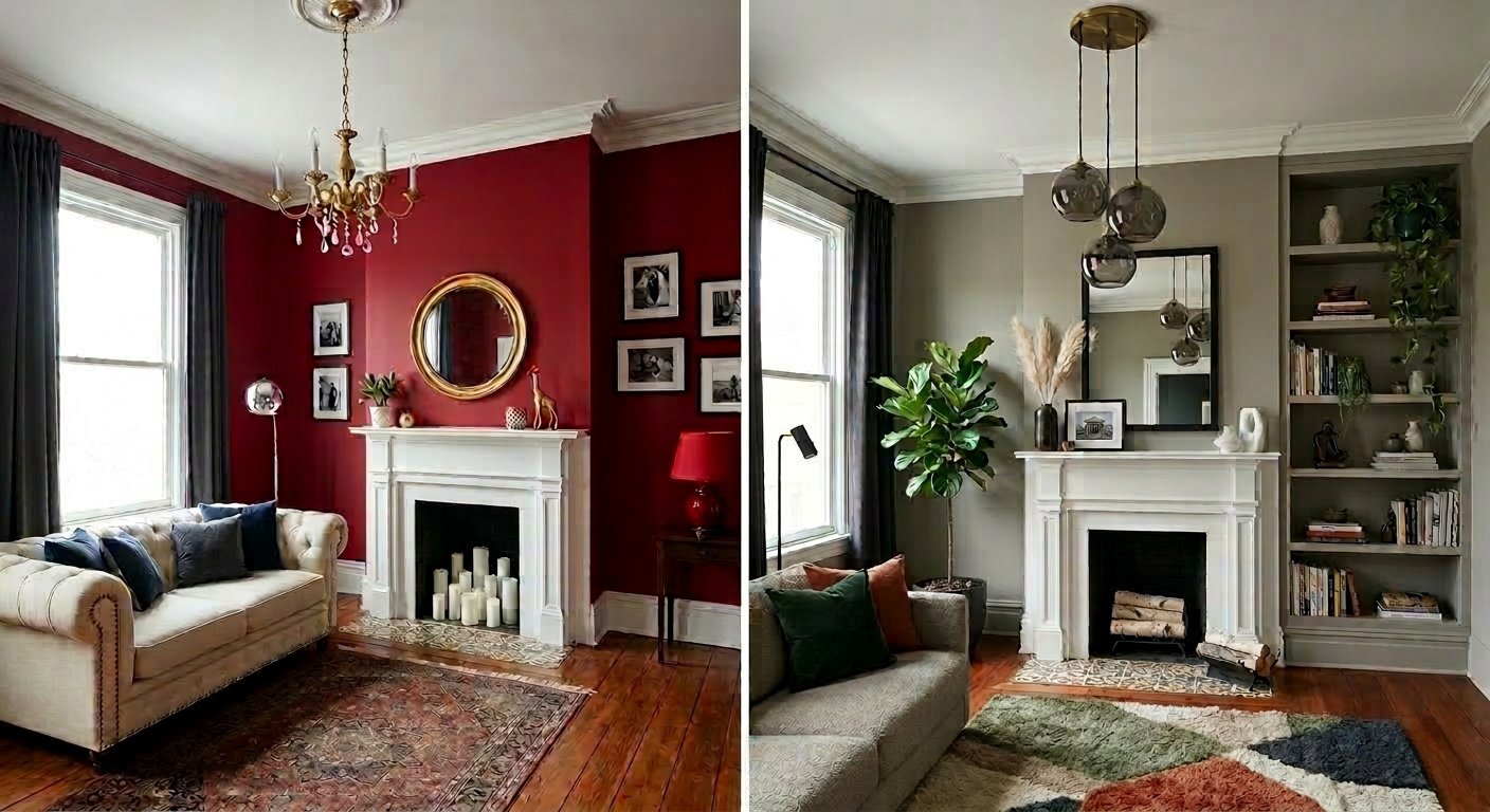 Living room with deep red accent wall and chesterfield sofa becoming a soft gray-green living room.