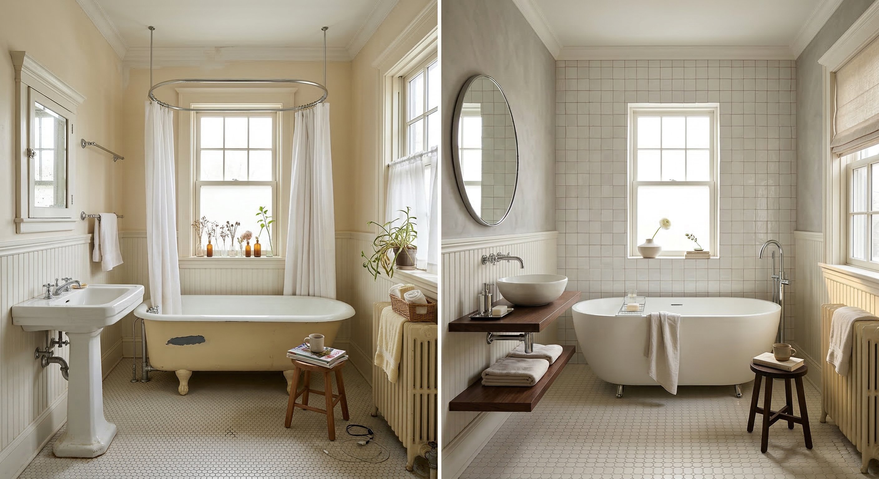 Bathroom with yellow clawfoot tub and pedestal sink becoming a refined bathroom with a modern freestanding tub. 