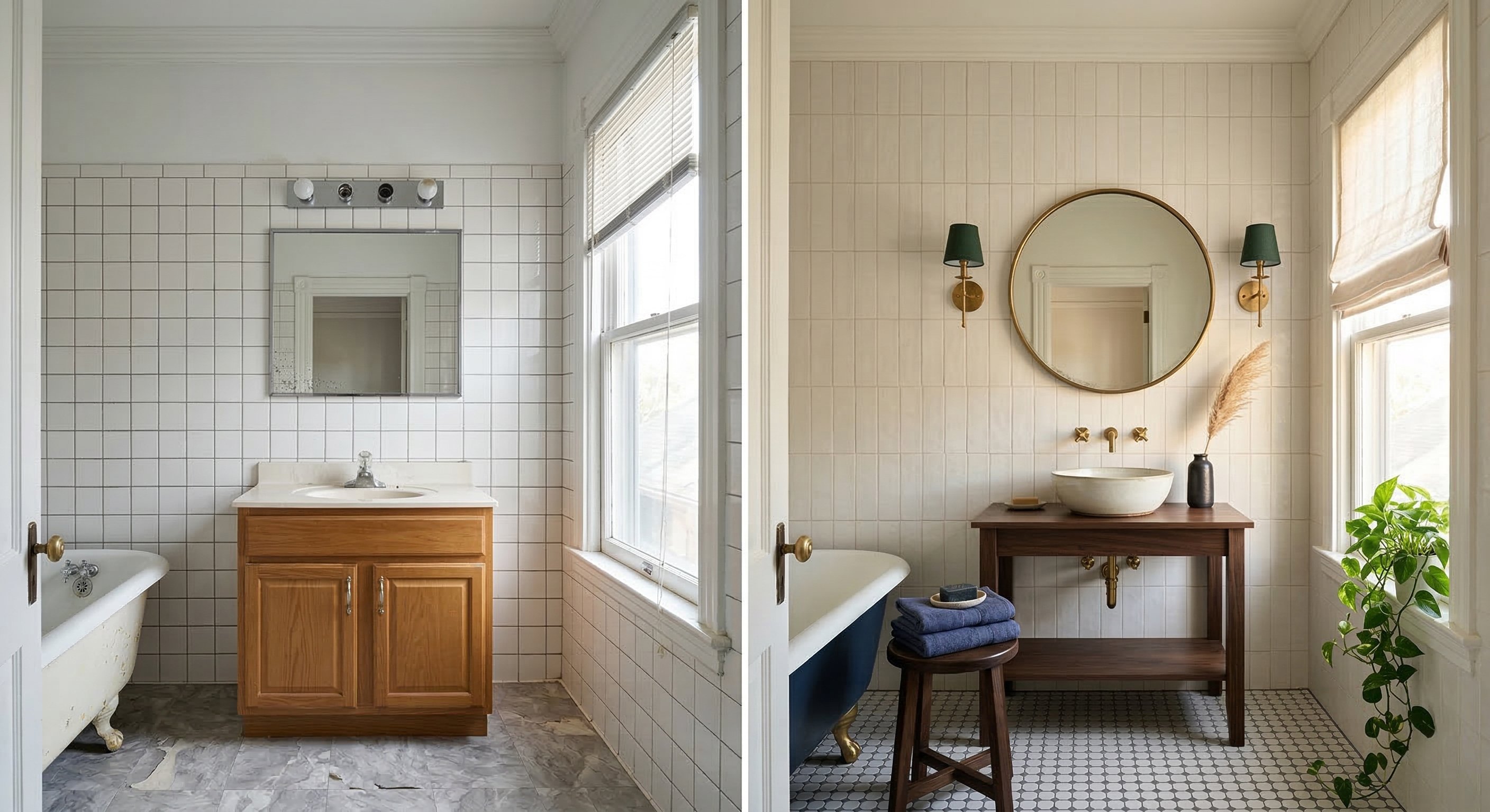 White square tile bathroom with oak vanity becoming a beige vertical tile bathroom.