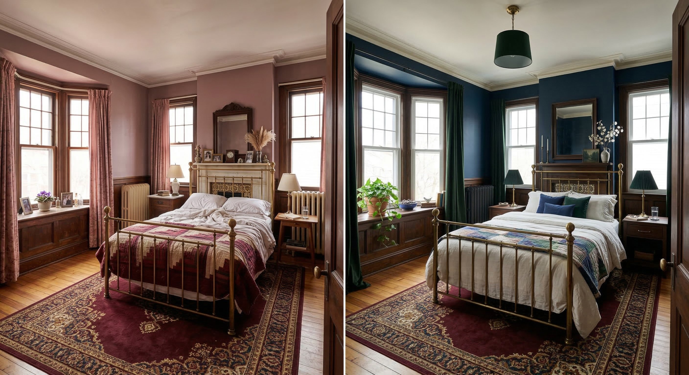 Bedroom with brass bed and bay window.