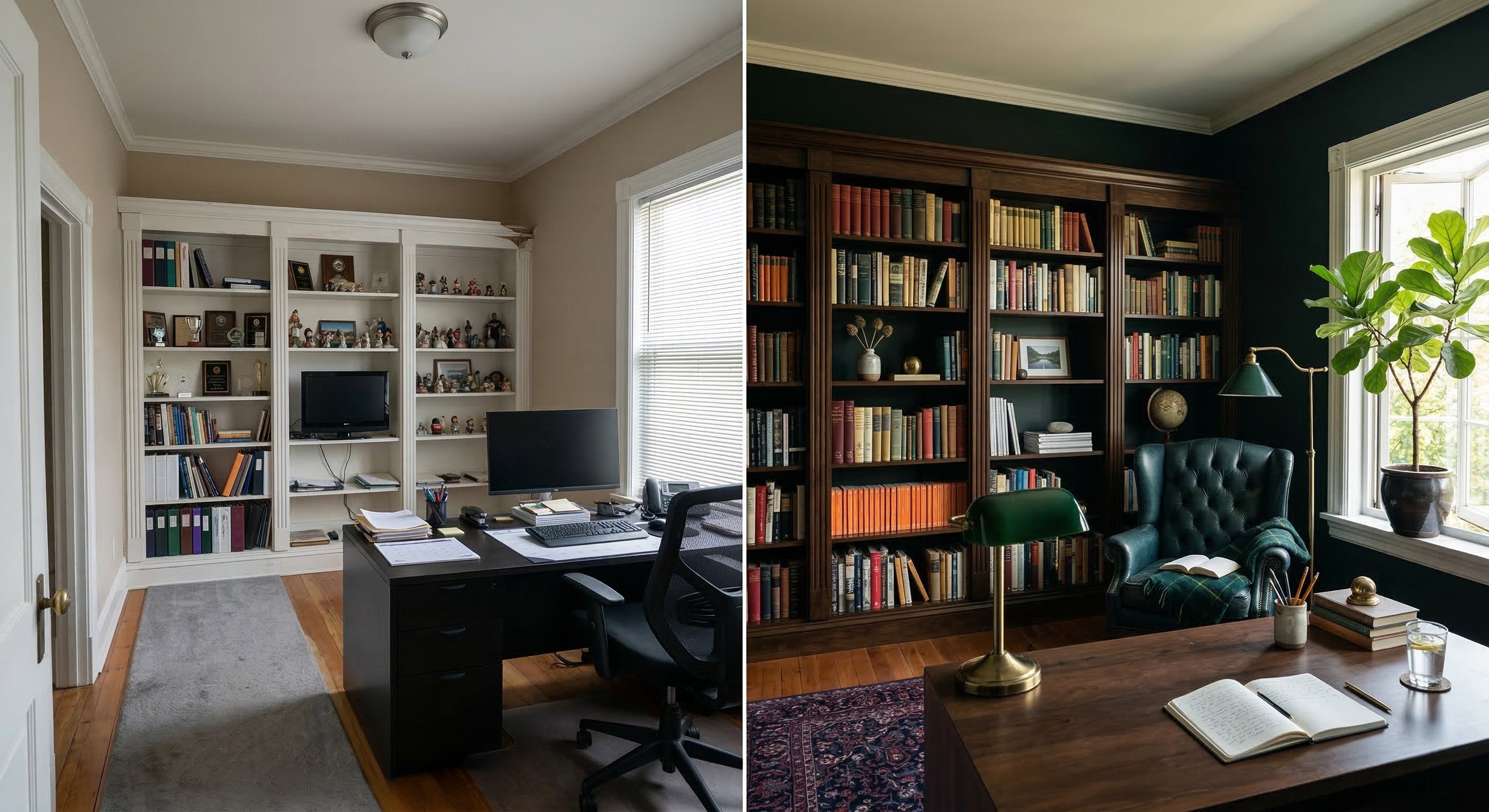 Beige home office with white shelves becoming a dark green library-office with walnut shelving.
