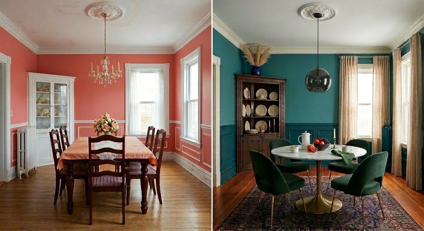 Dining room with salmon walls becoming a dining room with teal walls.