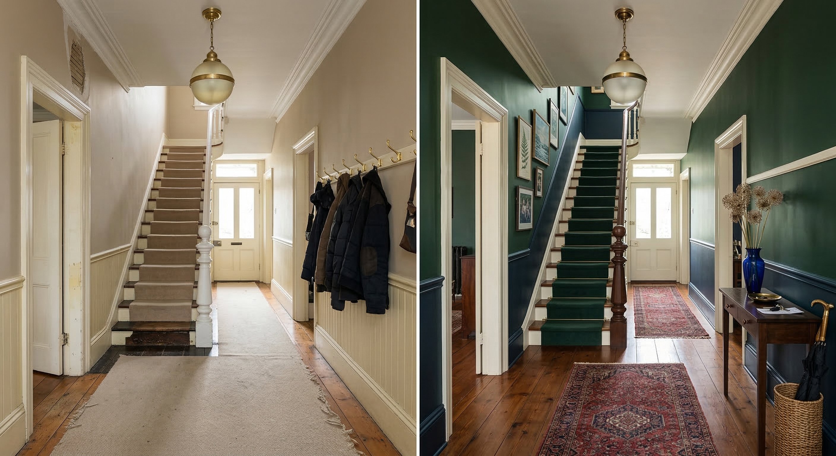 Beige hallway with staircase becoming a deep green hallway with a green stair runner. 