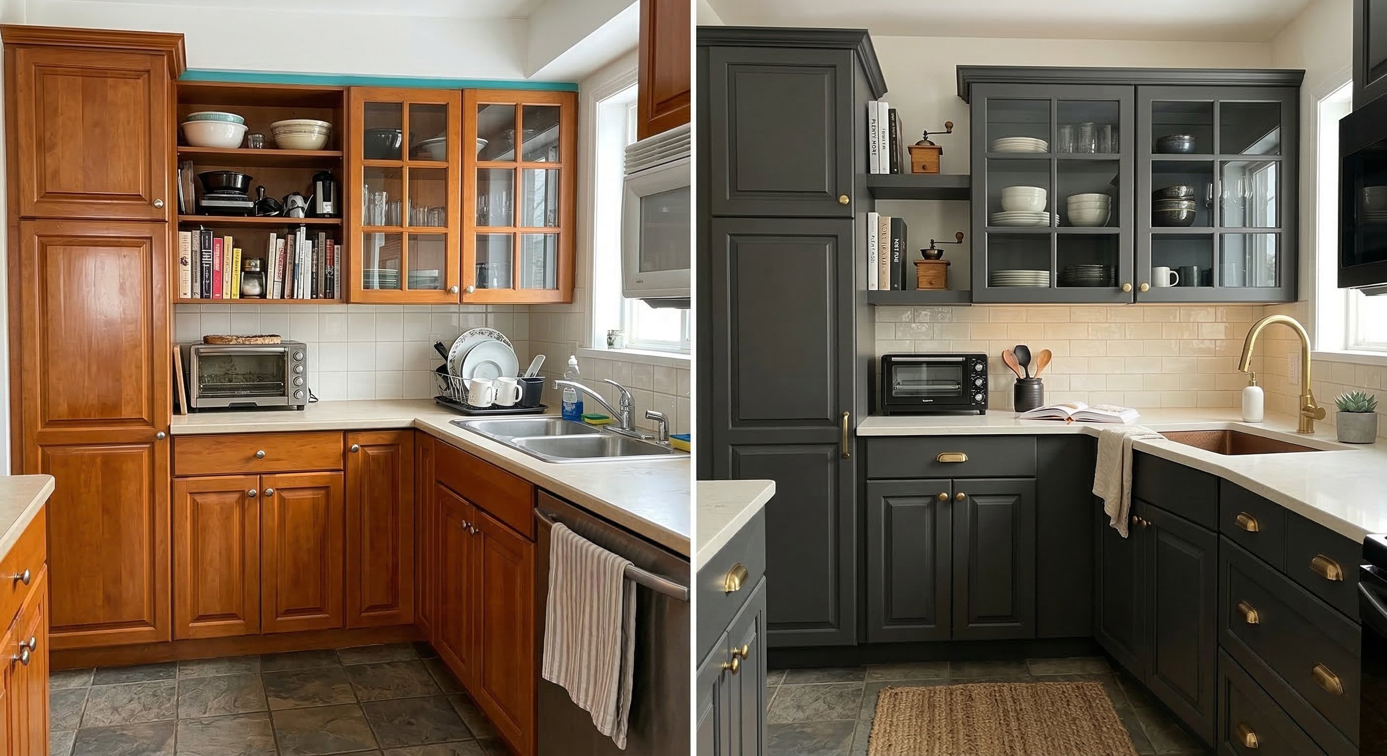 Orange-stained cabinets becoming painted charcoal cabinets with brass hardware.