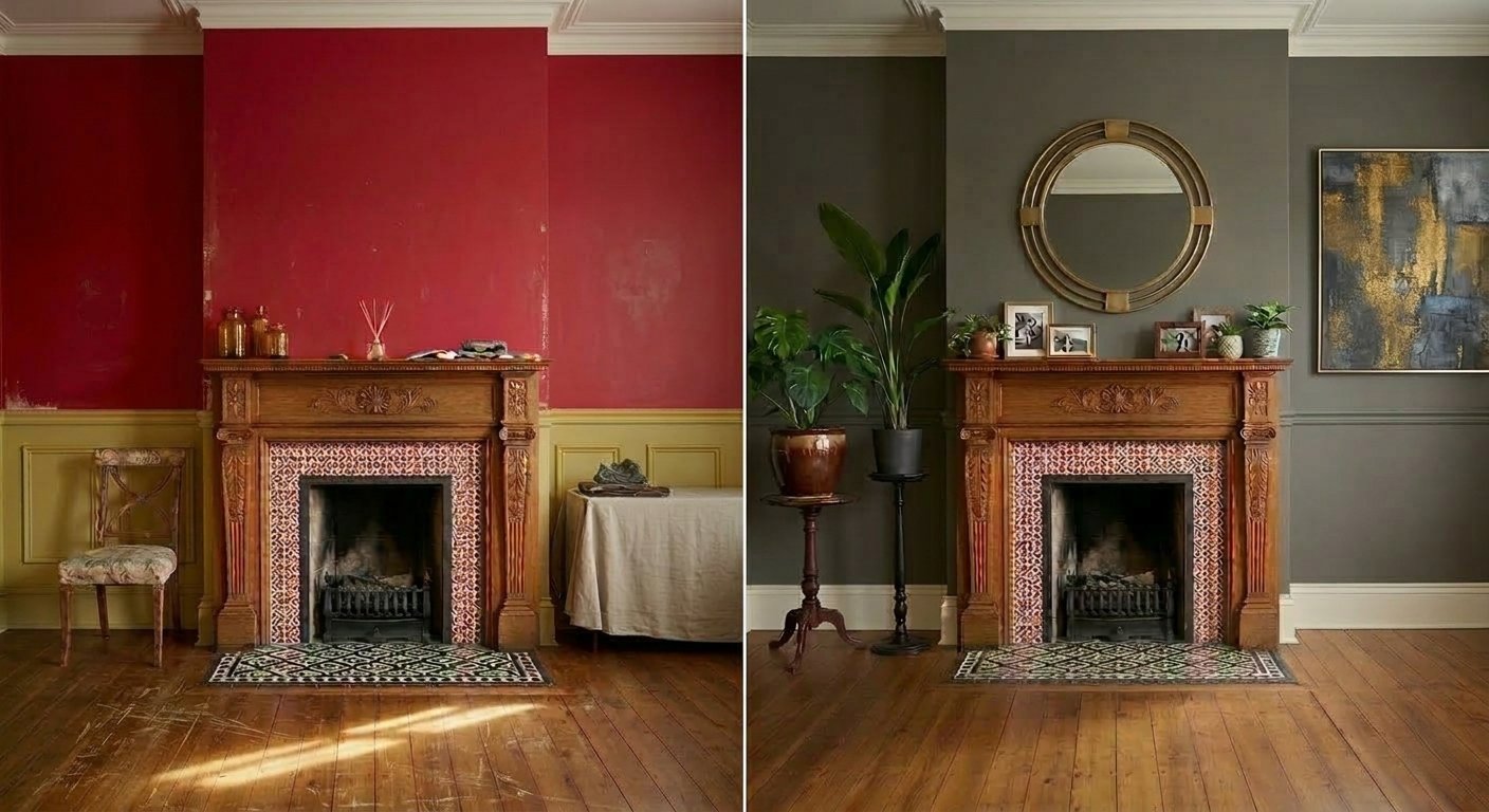 Fireplace room with ornate carved mantel.