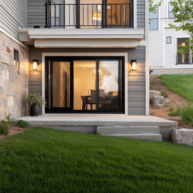 A walk-out basement featuring a glass sliding door, concrete patio and steps, and a grassy lawn in the foreground.