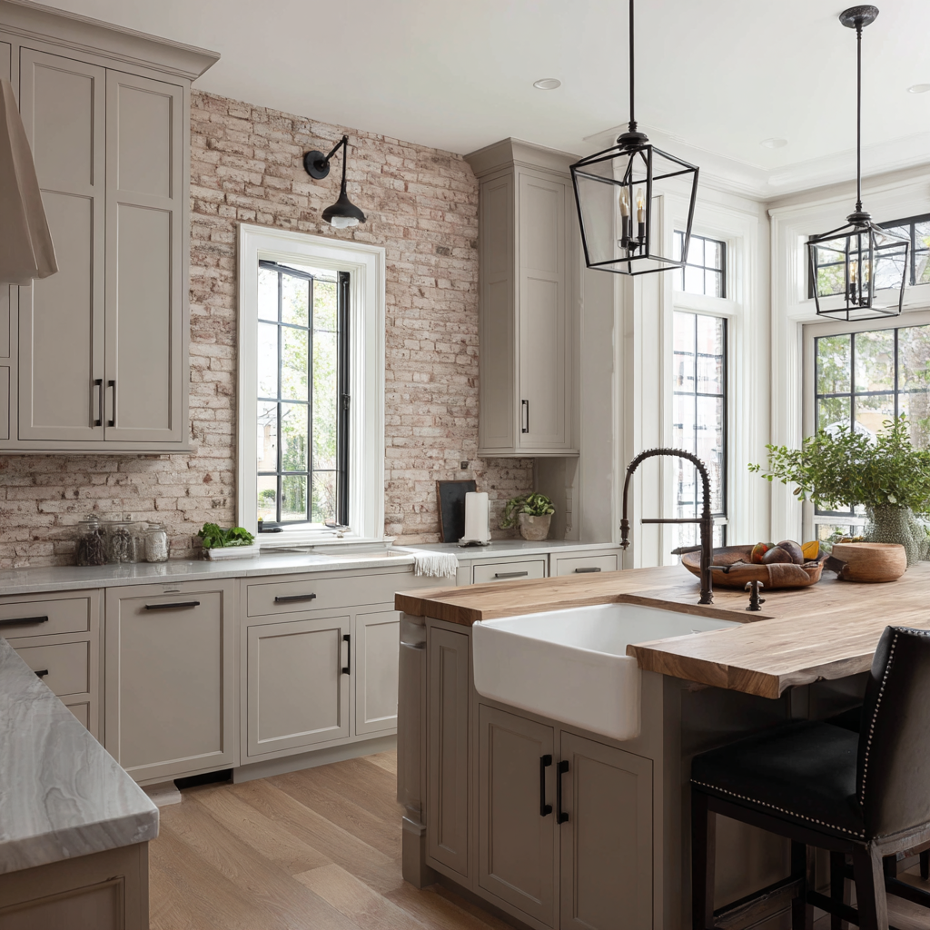 White Brick Gray Cabinets