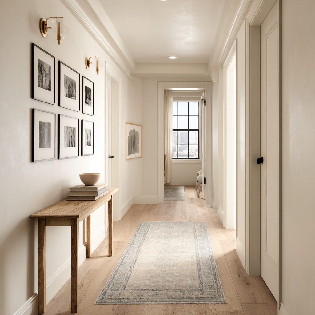  Bright white hallway with light wood floors and a slim table.