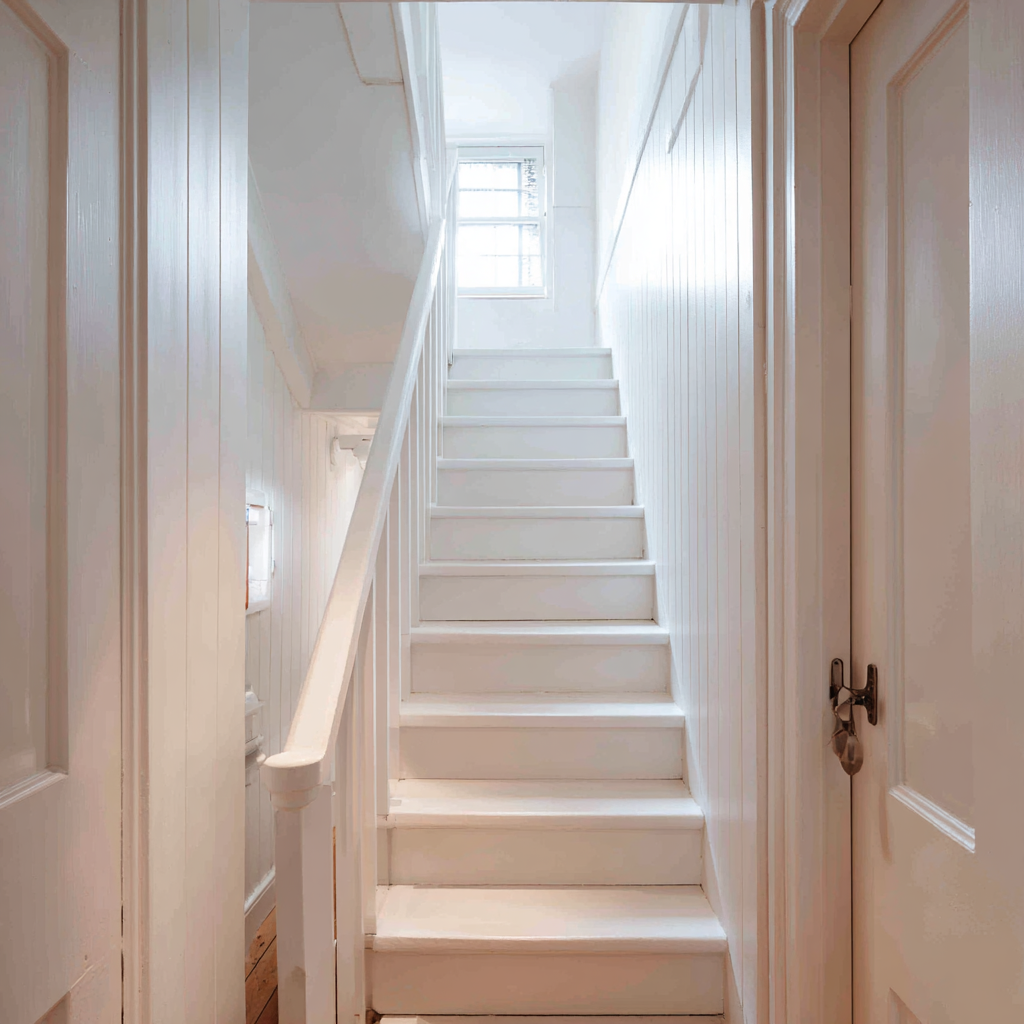 White attic staircase - clean and well-lit