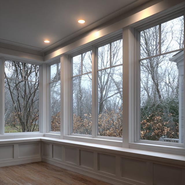 Sunroom with large windows overlooking a winter landscape.