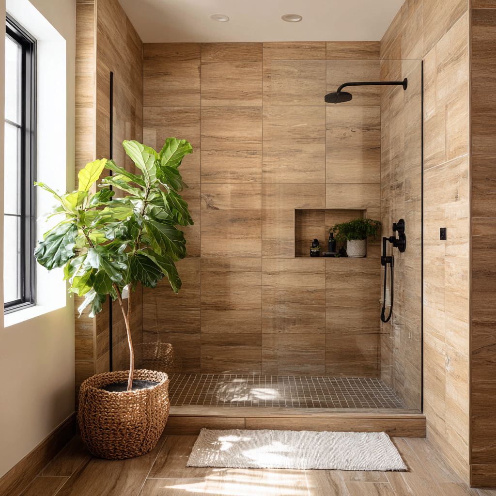 A serene walk-in shower with wood-look porcelain tile walls, a frameless glass enclosure, black fixtures, and a potted tree lit by natural window light.