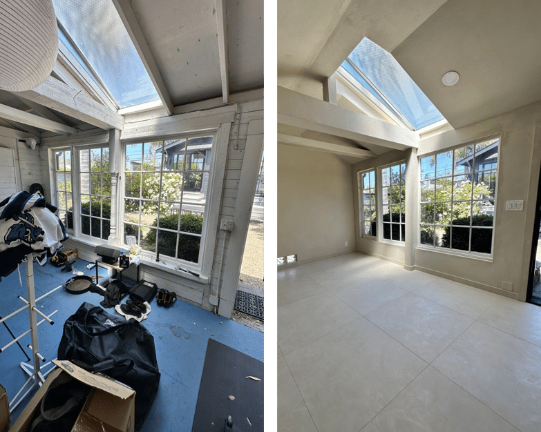 Before and after images of a detached garage renovation