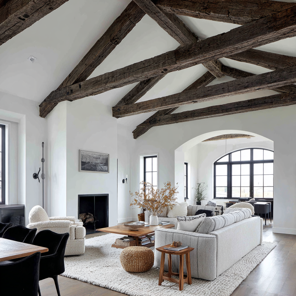 A spacious loft living room with dark reclaimed wood ceiling beams, white walls, neutral sofas, and large arched windows.