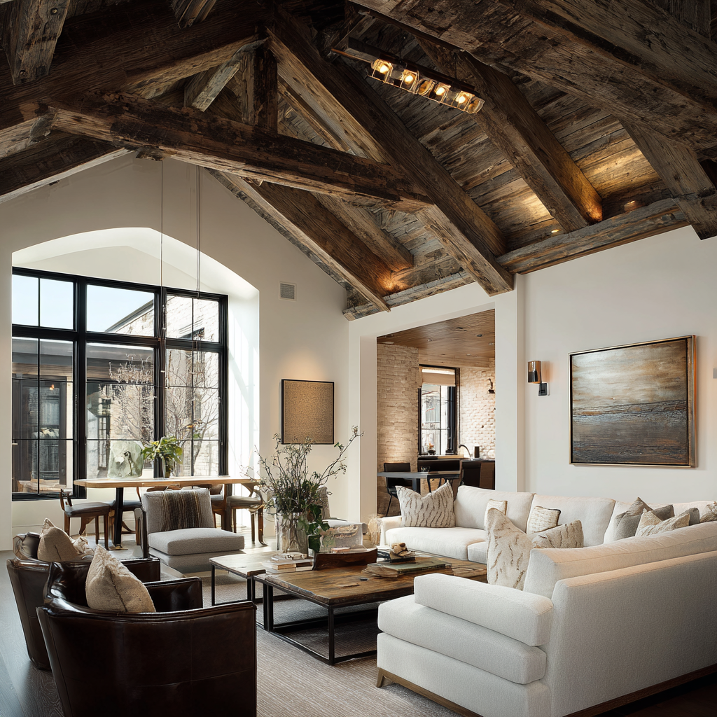 A loft-style living room with dark reclaimed wood ceiling beams, neutral sofas, rustic decor, and large black-framed windows.
