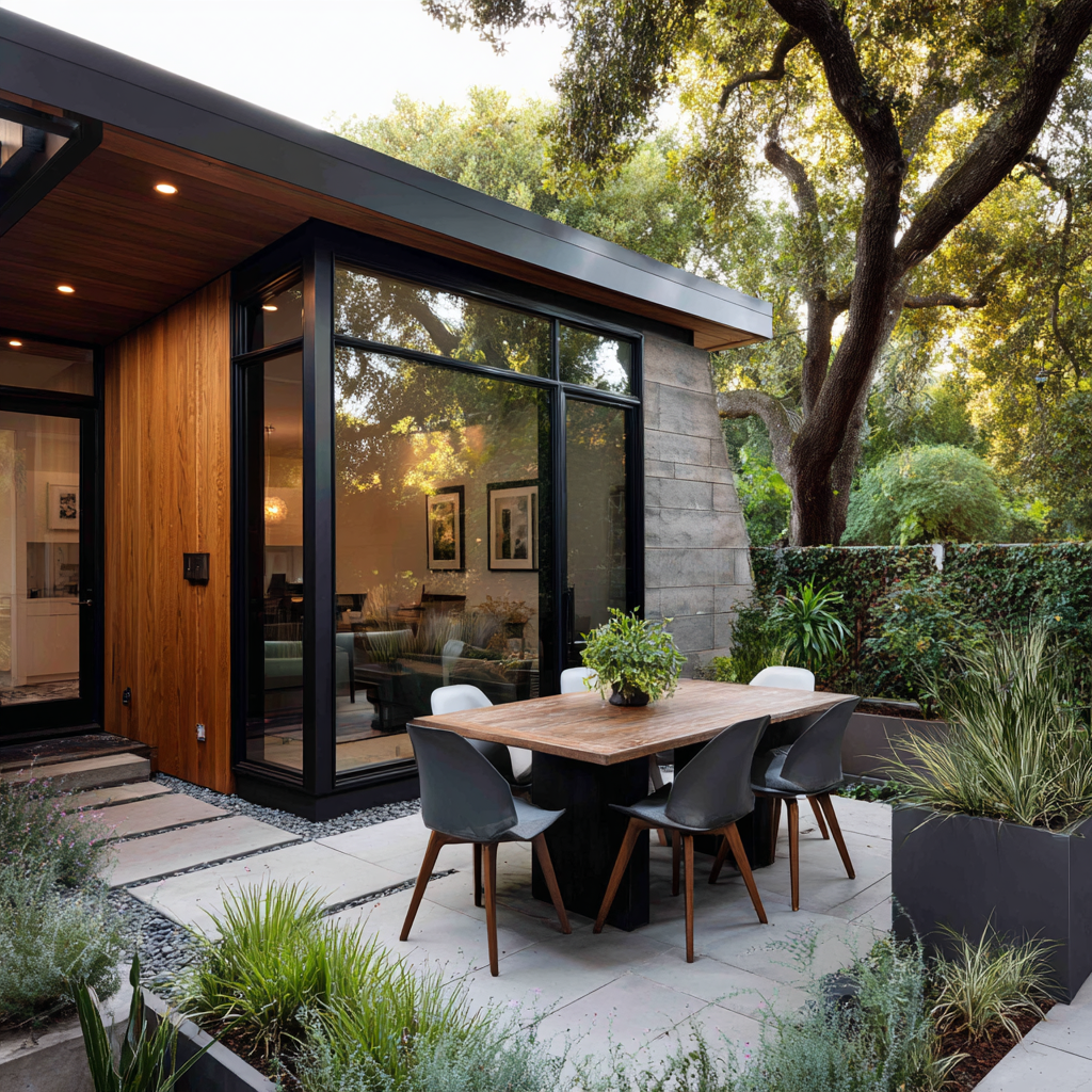 Modern patio with a wood dining set and large glass windows.