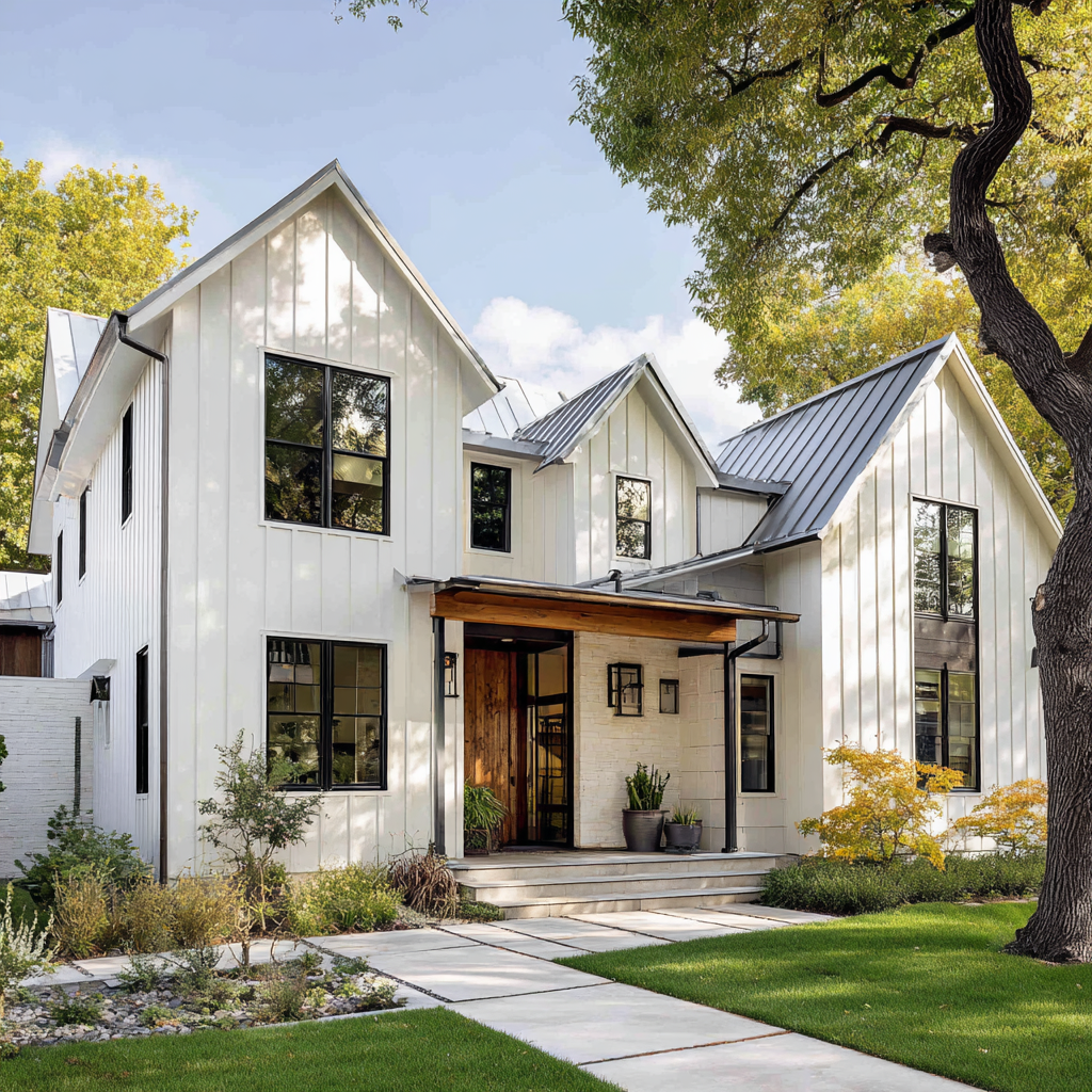 White farmhouse with metal roof, black windows, and lawn.