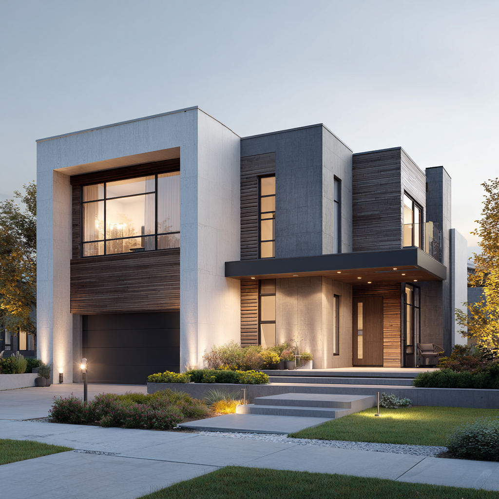 Modern home with concrete, dark wood, and flat rooflines.