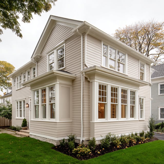 A light beige-sided two-story house with white trim and large bay windows surrounded by green lawn and landscaping.