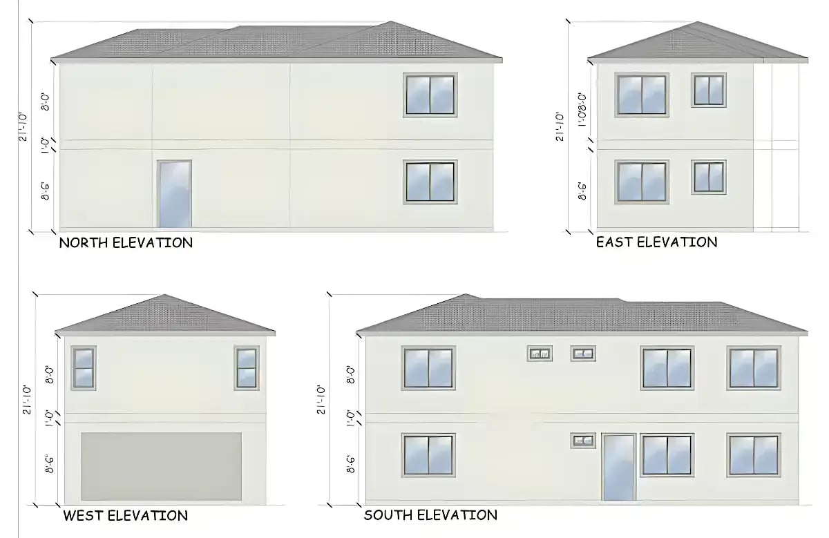  A series of detailed architectural elevation drawings showing the north, south, east, and west views of a two-story residential building with precise height measurements.