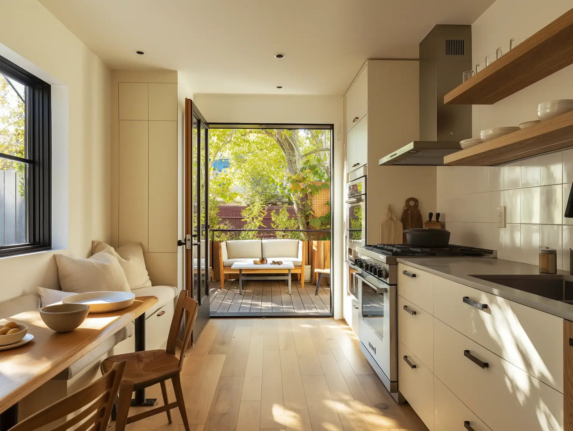  A luminous, contemporary galley kitchen featuring minimalist cream cabinetry, light wood floors, and a built-in breakfast nook.