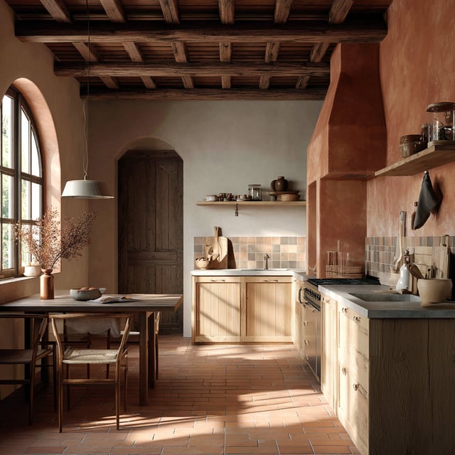 A Tuscan-inspired kitchen with terracotta walls, handmade tile, and wood ceiling beams