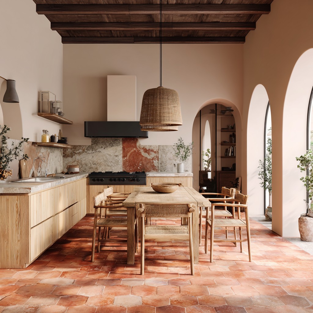 A beautiful indoor-outdoor modern Tuscan kitchen with marble backsplashes, terracotta floor tiles, and wood furniture