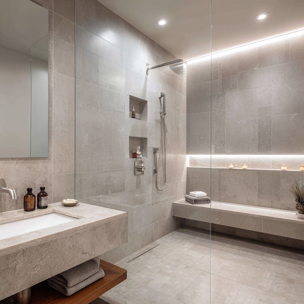 A luxurious walk-in shower with light gray quartz walls, a glass enclosure, built-in niches and bench seating, soft recessed lighting, and a minimalist spa-inspired design.