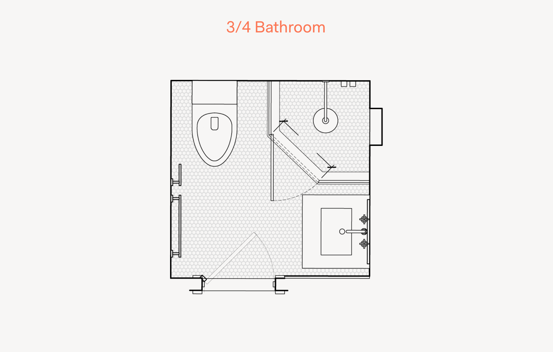 Floor plan layout for three-quarter bathroom size