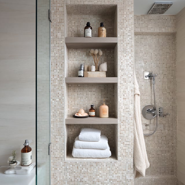 Shower niche with shelves displaying toiletries and towels.