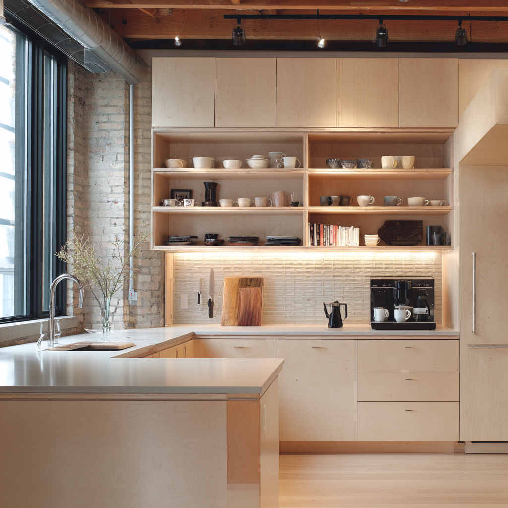 Minimalist loft kitchen with light birch plywood cabinetry, open wood shelving, white solid-surface countertops, textured tile backsplash, exposed brick wall, and industrial ceiling details.