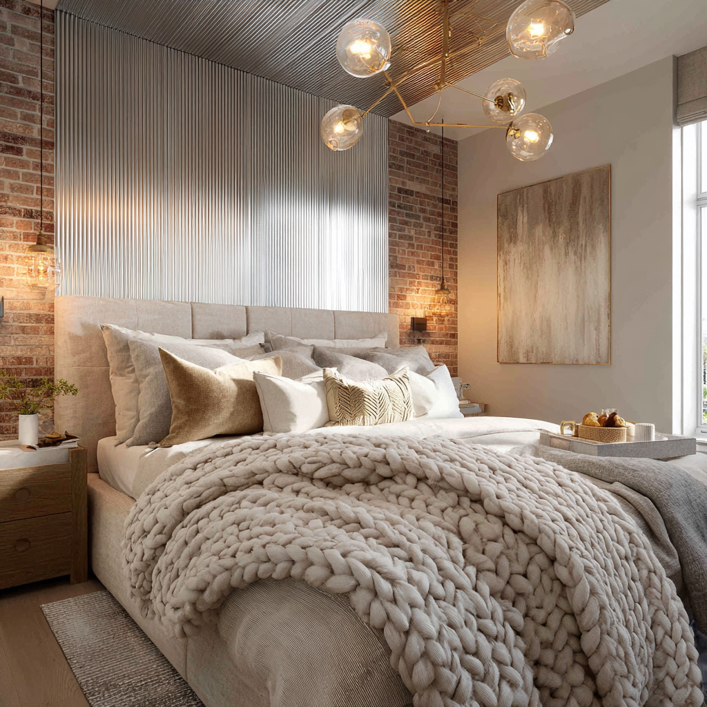 Cozy primary bedroom with corrugated metal panels.