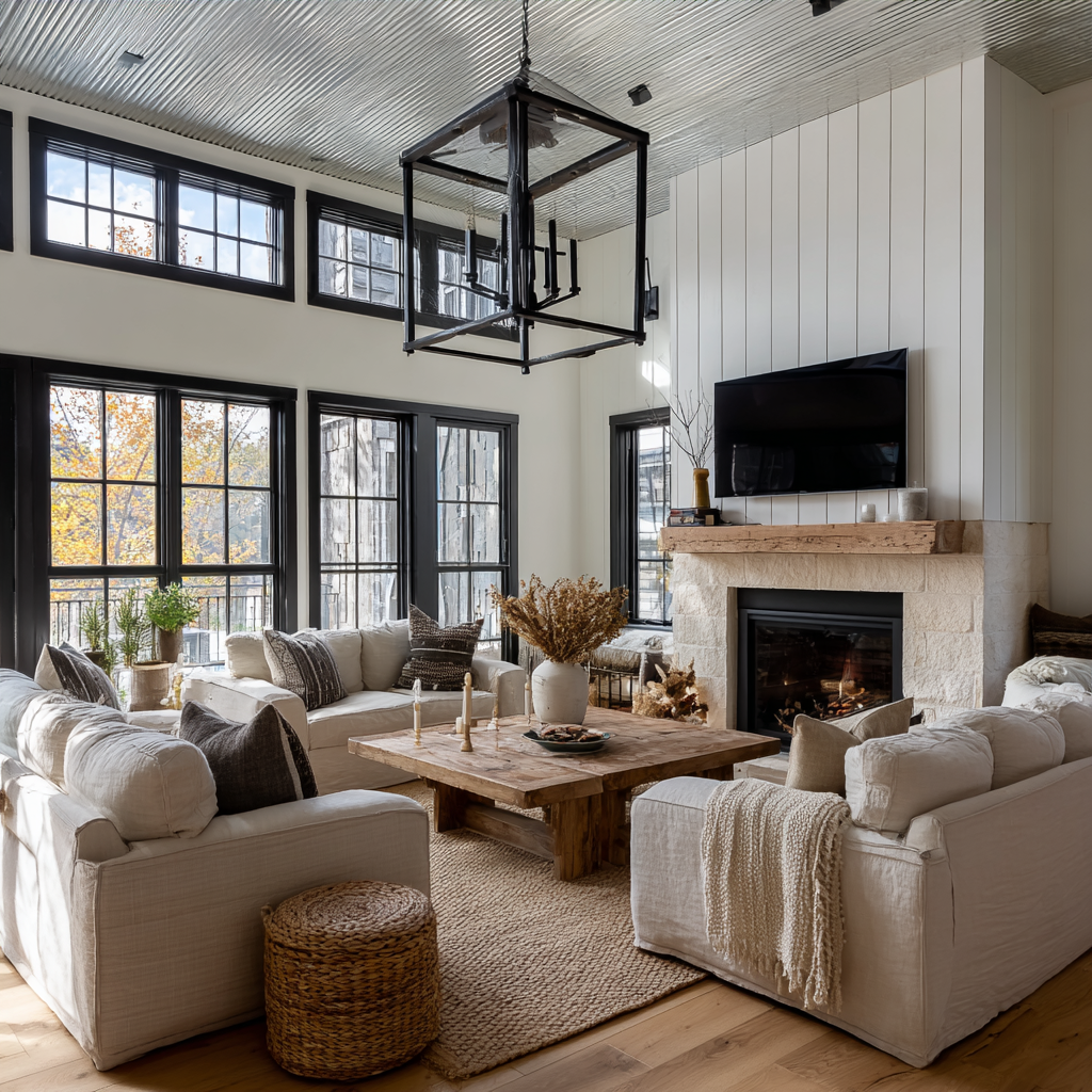 A double height great room with stone fireplace and shiplap walls.