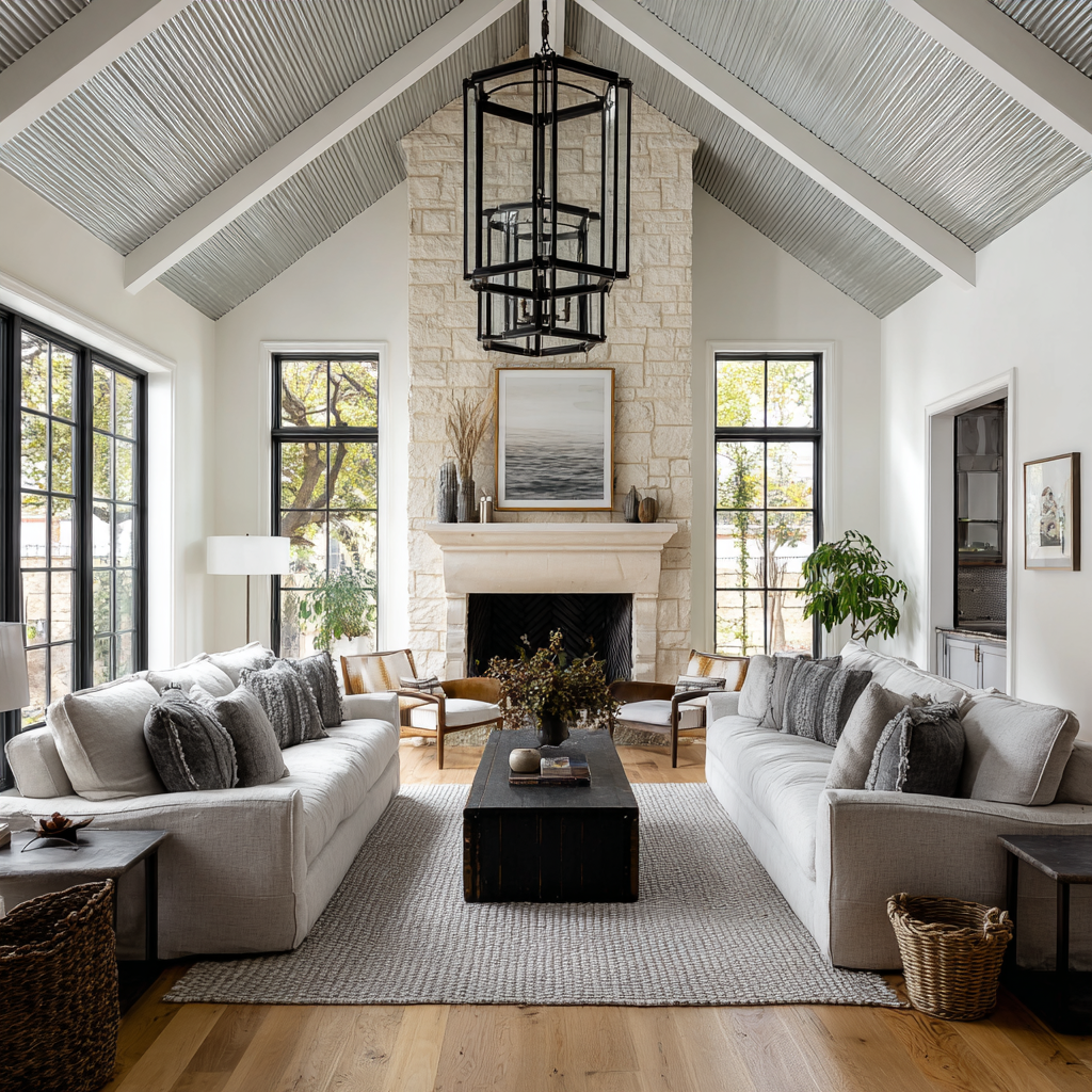 A double height great room with vaulted ceiling.