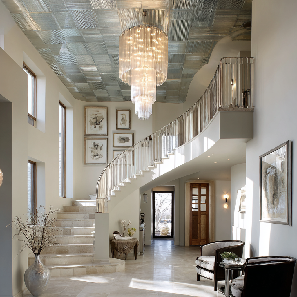 Grand entry foyer with crystal chandelier.