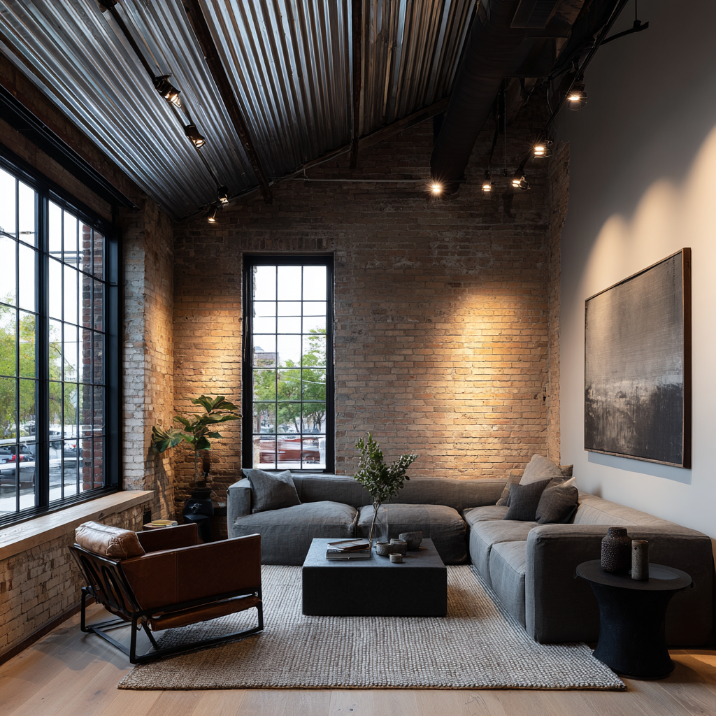 Converted warehouse loft with exposed brick, track lighting and corrugated metal ceiling.