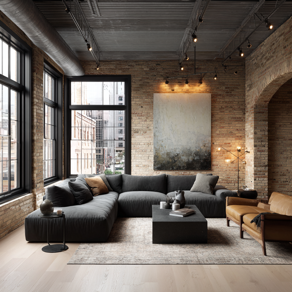 Warehouse loft living room with brick archways and metal ceiling panels.