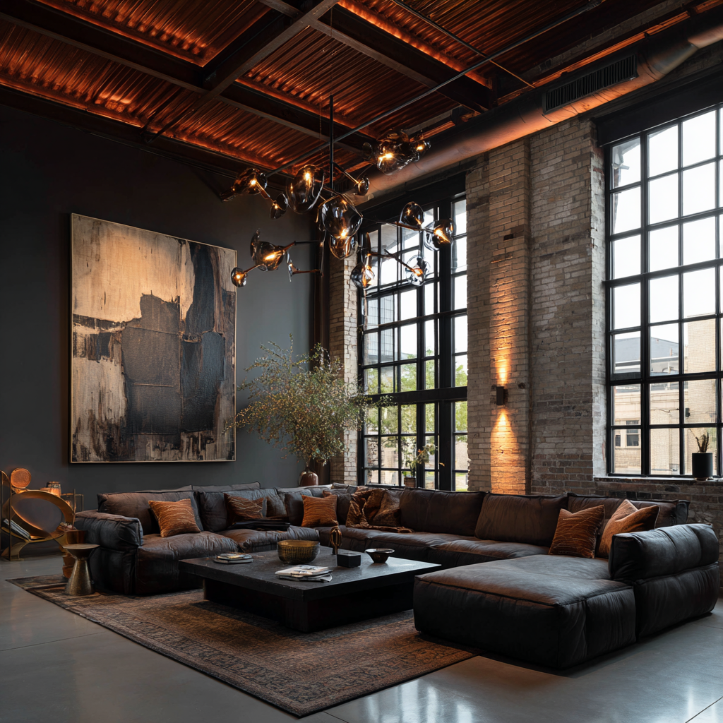 A spacious loft with warm copper tones on corrugated metal ceiling.