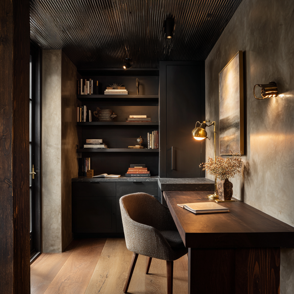 Small intimate home office with built-in shelving.