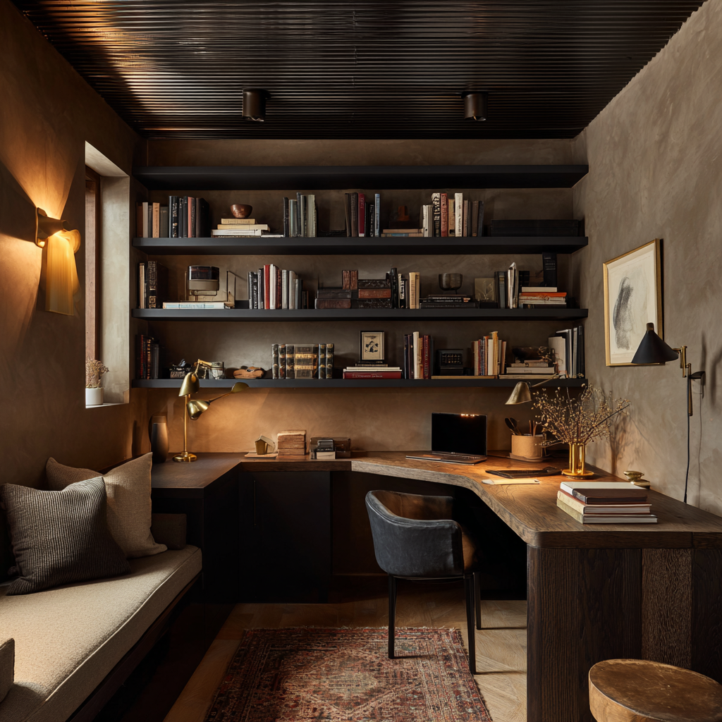 Small, intimate home office with corrugated metal ceiling and plaster walls.